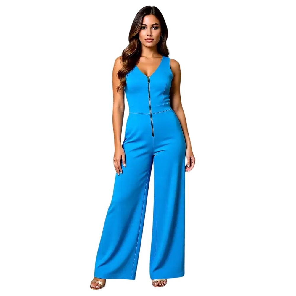 Trina Turk Turquoise Blue Wide Leg V-Neck Sleeveless Jumpsuit Size 6